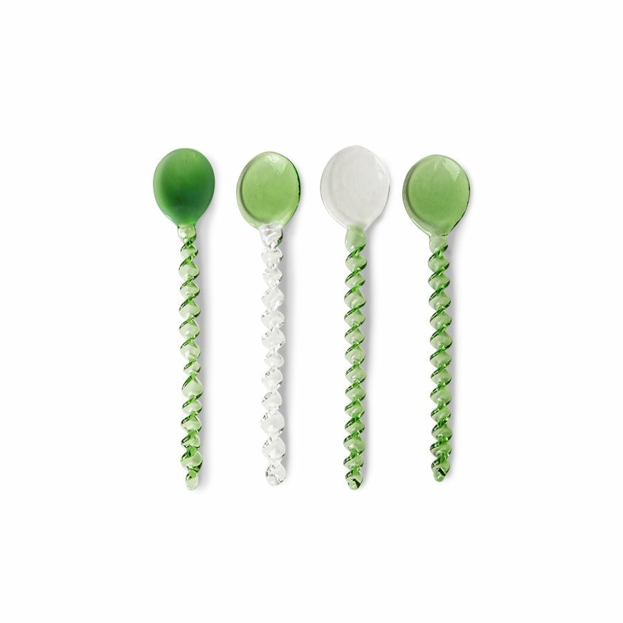 Kitchen & Tableware HKliving | The Emeralds: Twisted Glass Spoons, Green/Clear (Set Of 4)